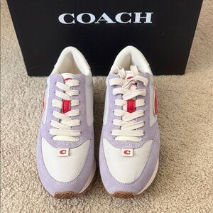 COACH Runner Puffy Nylon Lavender and Cream Lace-Up Sneakers with Red Accents